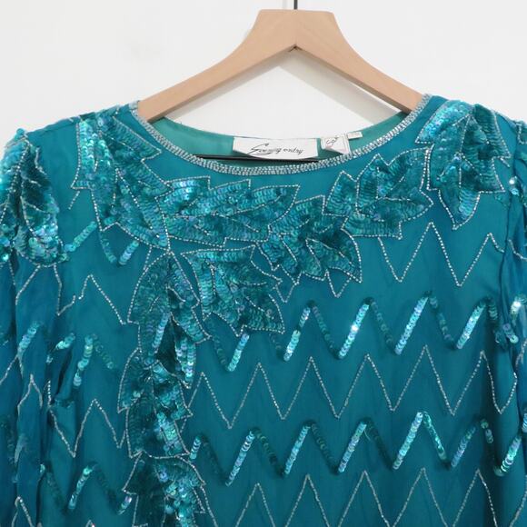 Evening Entry Womens Sz M Teal Vintage 100% Silk Beaded Sequin Top Formal Blouse - Picture 3 of 6